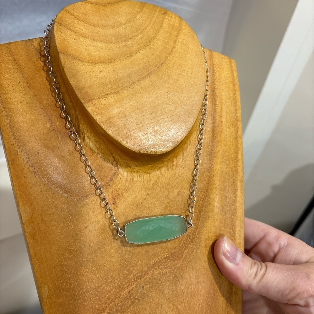 Green Chalcedony Sterling Silver Bezel Set Necklace Artisan Style.  17”